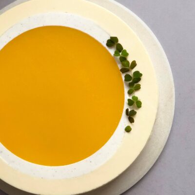 Mangokage med vanilje, passionsfrugt og chokolade